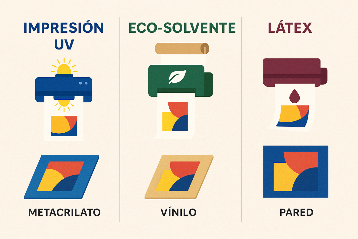 Comparativa visual entre impresión UV, eco-solvente y látex con ejemplos de aplicación sobre metacrilato, vinilo y pared